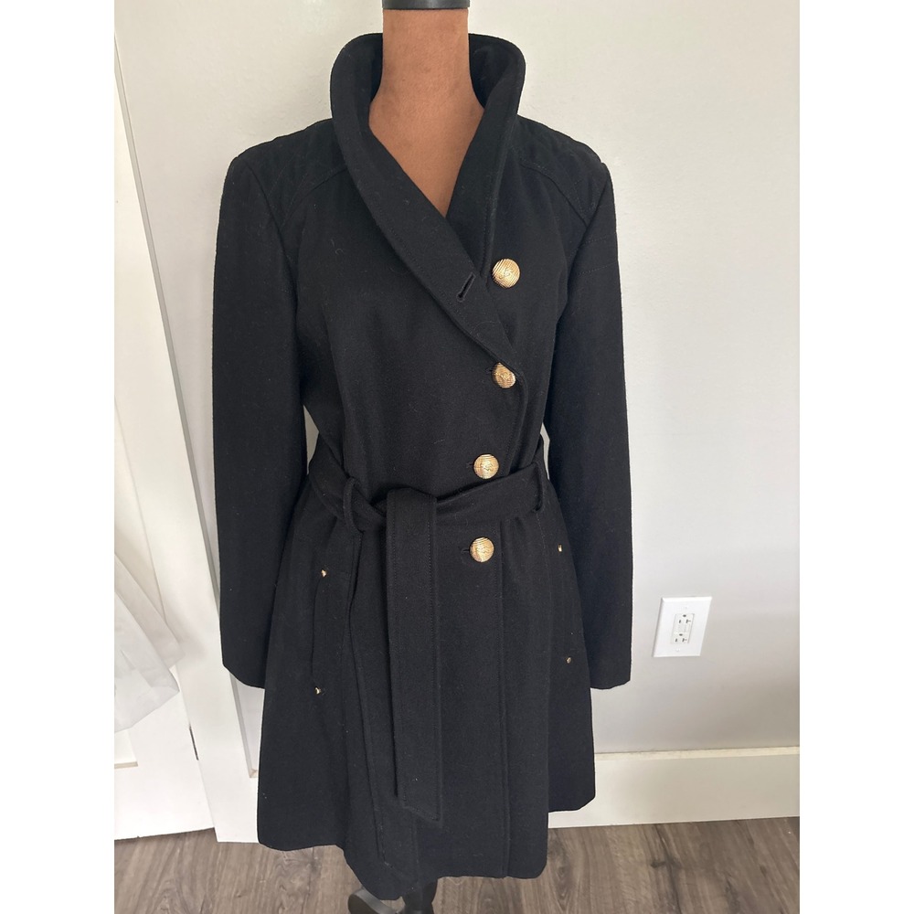 Vintage Guess Black Wool Blend Double Breasted Trench Coat Gold Buttons XL - Picture 2 of 11